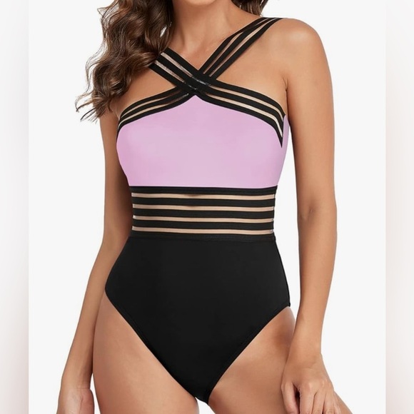Women's Black and Pink Striped Swimsuit - Picture 1 of 4